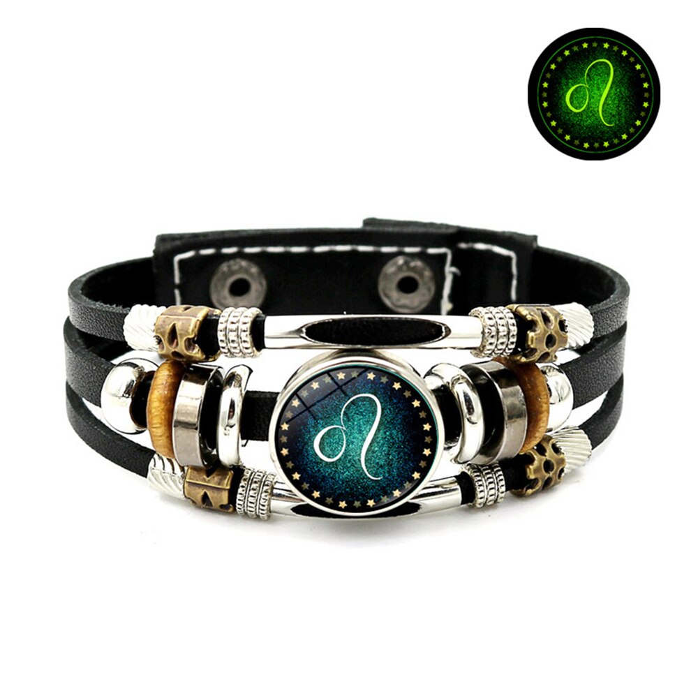 12 Constellation Lichtgevende Armband Voor Mannen Vrouwen Dierenriemtekens Sieraden Multilayer Kralen Leather Bracalet Glow In The Dark: Luminous - Leo