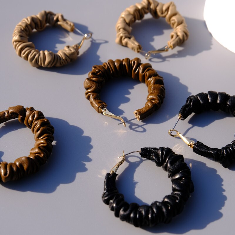 Korea Mode Vintage Zwart Bruin Pu Lederen Oorringen Voor Vrouwen Geometrische Ronde Oorbellen Sieraden Accessoires