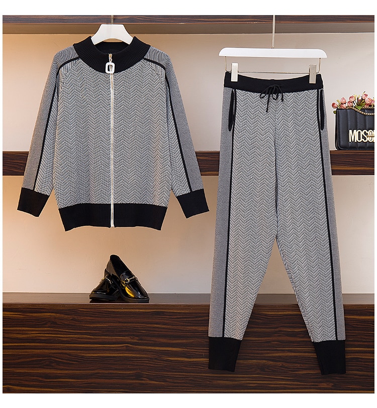 Autumn Women Geometric Knitting Tracksuit Zipper Cardigans jacket+ Pants Female Winter 2pcs Sports Set