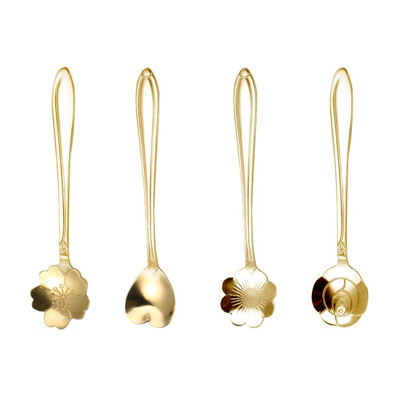4Pcs Kirschblüten Edelstahl Löffel Vintage Metall Geschnitzte Kaffee Obst Dessert Tee Eis Löffel Küche Besteck: 12.6cm gold