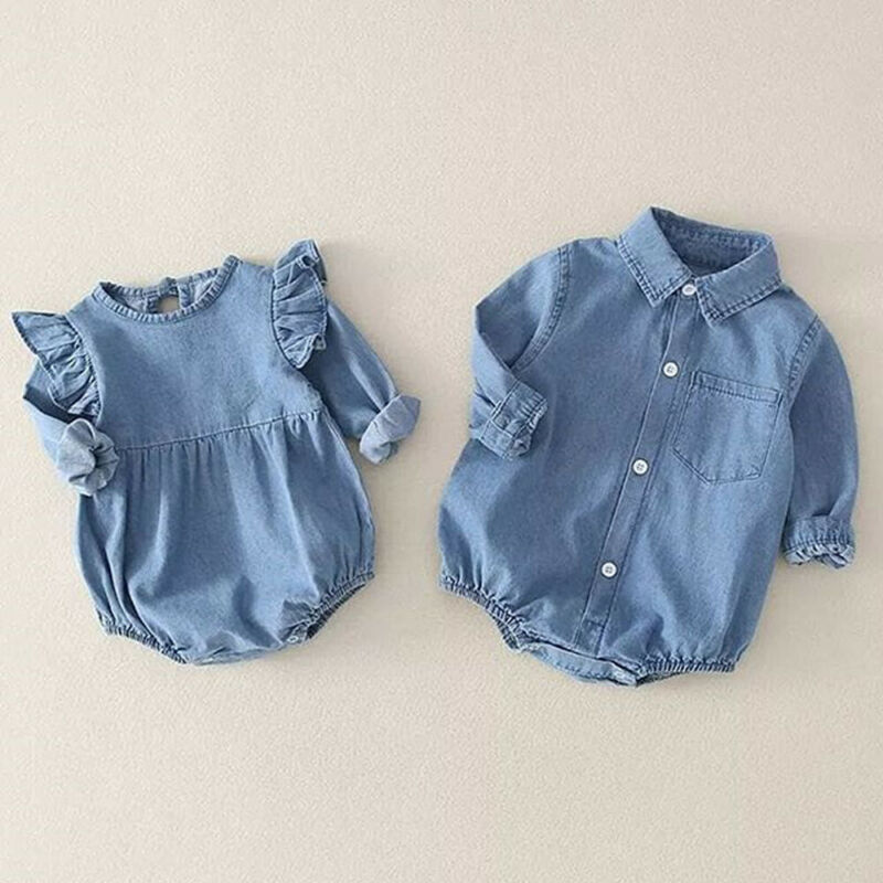 Toddler Baby Girl Boy Denim Single Breasted Pocket Romper Outfits Clothes Ruffle Long Sleeve Cotton Rompers