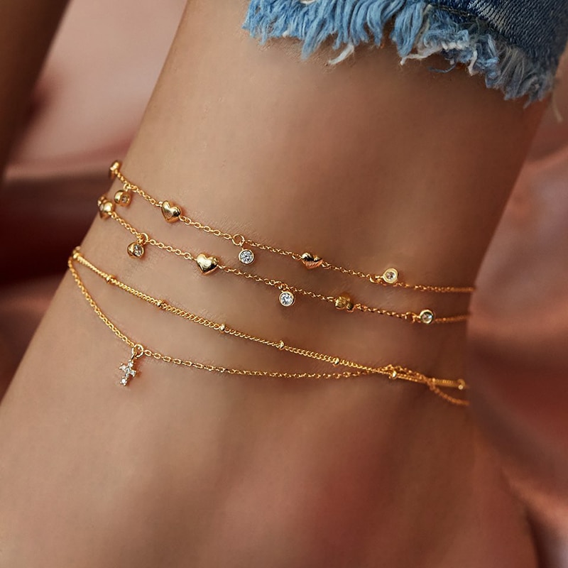 Bracelet de cheville croisé en cristal doré pour femmes, bijoux d&#39;été, multicouches, chaîne de pied, accessoires de plage