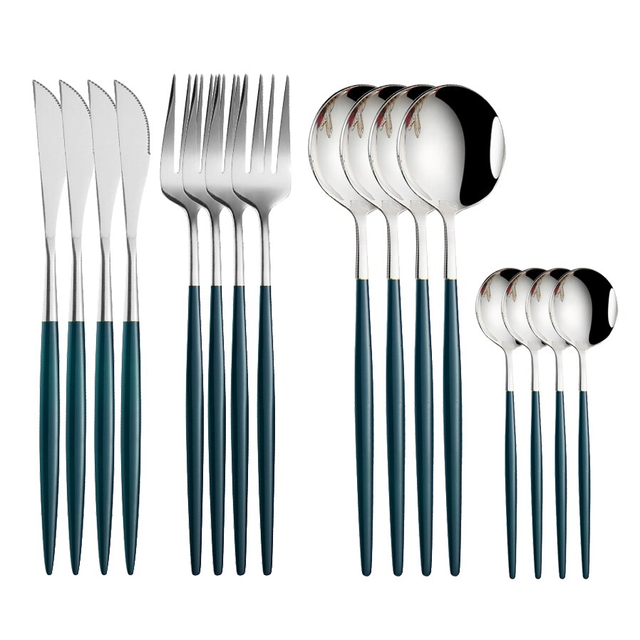 Couverts en acier inoxydable 18/10, 16 pièces, violet et or, fourchette, couteau, cuillère, vaisselle de table, argenterie: Green Silver