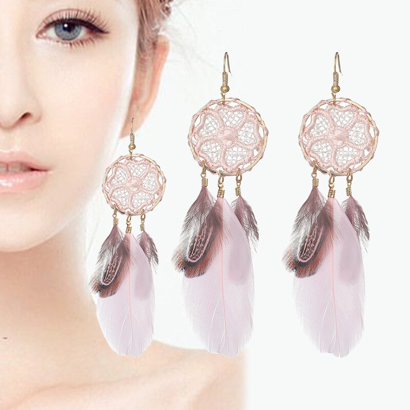 Bohemian Woven Dream Catcher Feather Dangle Earrings for Woman Trendy Boho Long Tassel Earring Wedding Jewelry: E1439-Pink