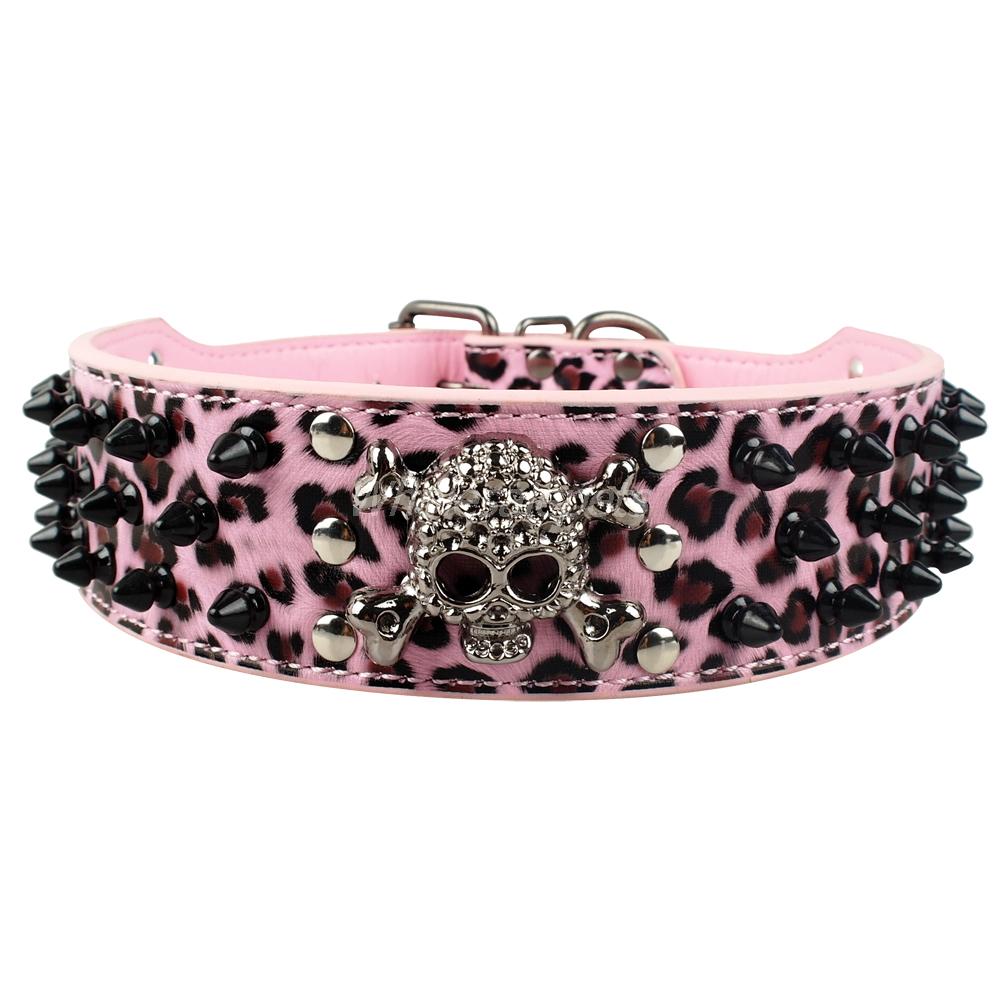 2 tommer brede, piggede nitter i pu læder hundehalsbånd til mellemstore og store hunde, især pitbull boxer mastiff: Lyserød leopard / Xl