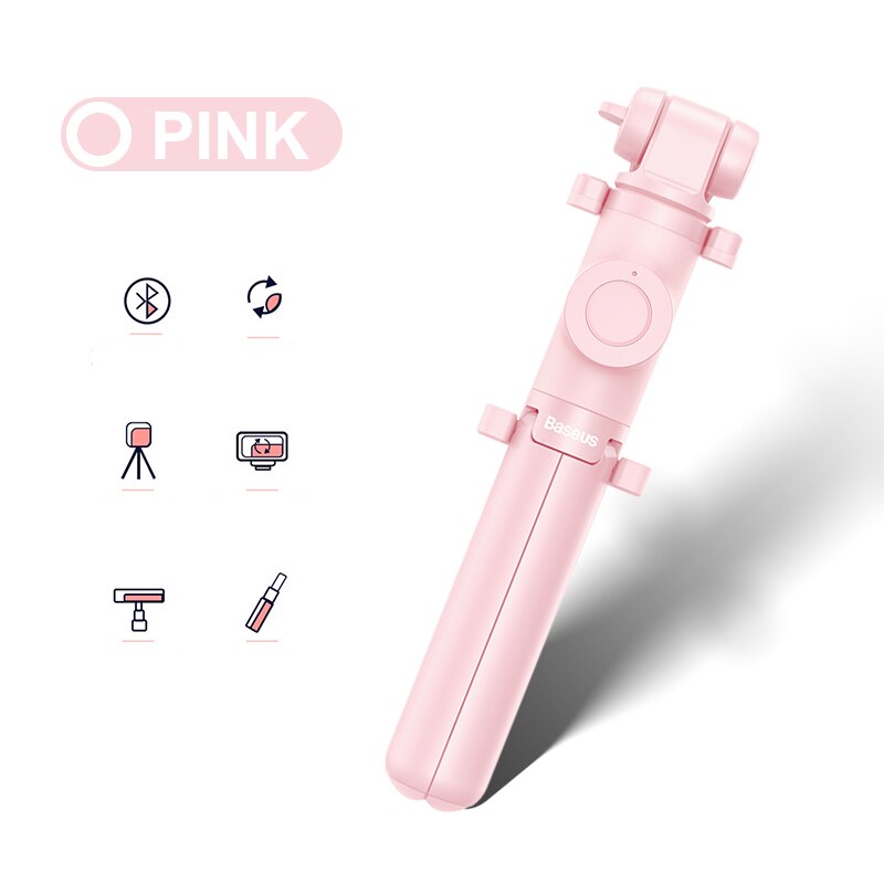 Baseus trådløs bluetooth selfie stick stativ med fjernkontroll shoot utvidbar sammenleggbar monopod for huawei xiaomi smarttelefon: Rosa