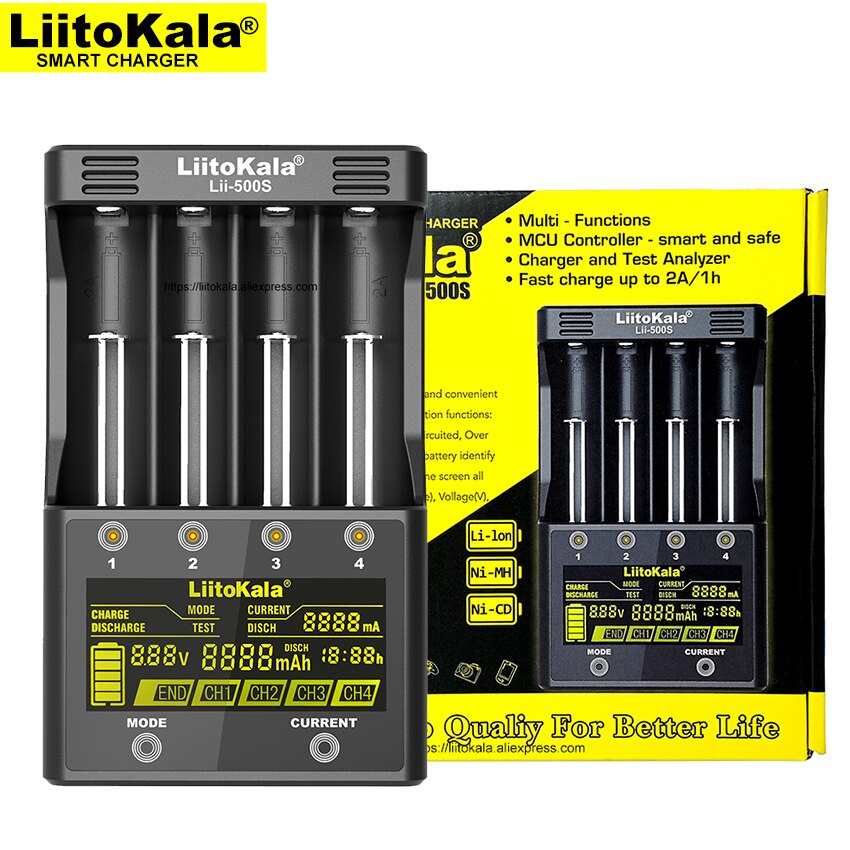 LiitoKala Lii-500S LCD Touch Battery Charger - 1-4 Batteries - USB Output - Quick Charge
