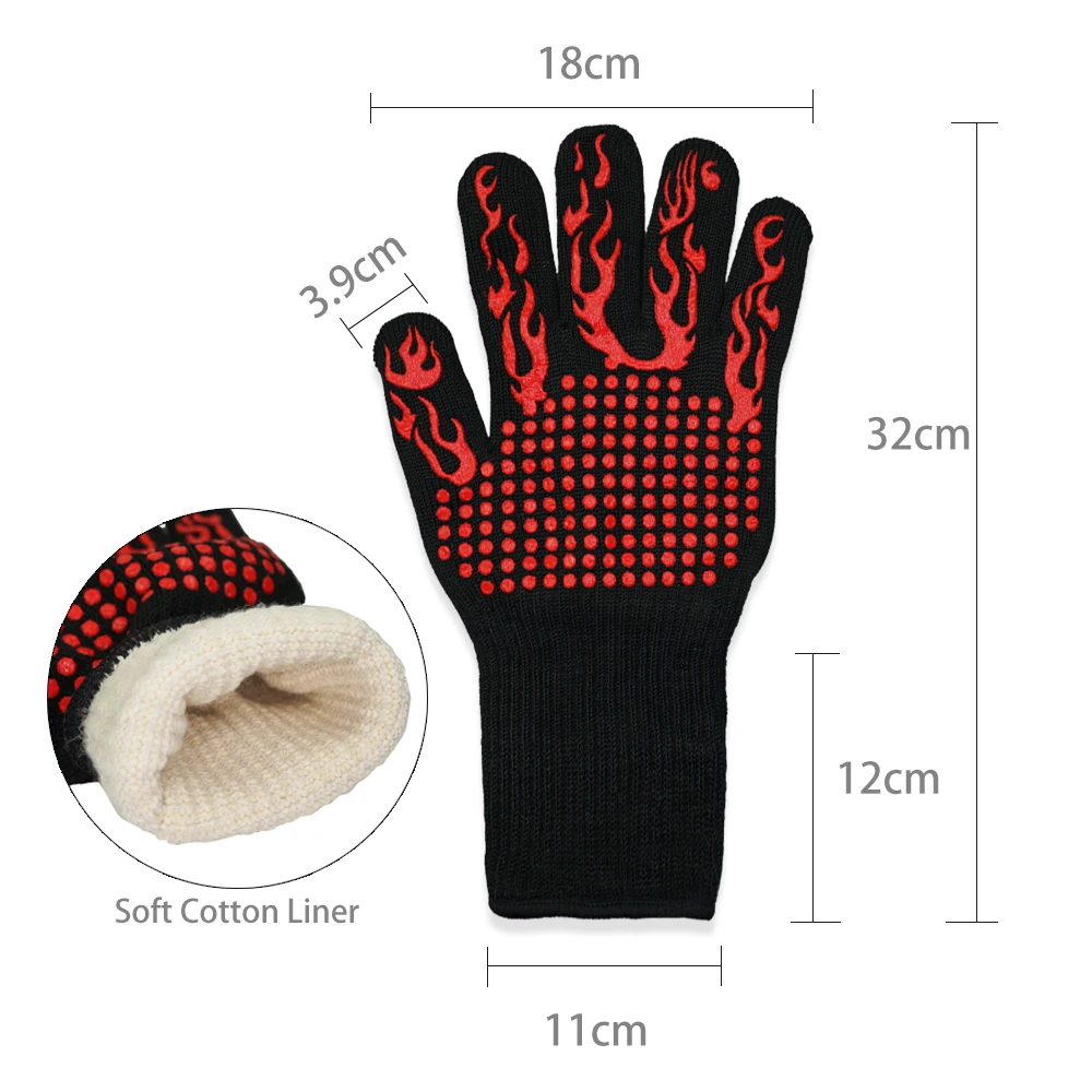 Hochtemperaturbeständige Grillhandschuhe, wärmeisolierende Kamin-Grillhandschuhe, Verbrühschutz-Ofenhandschuh für Höhle Backgrill in der Küche