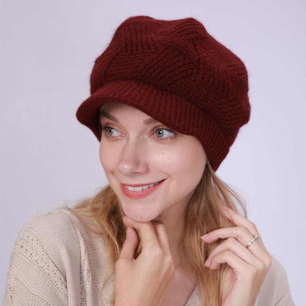 Chapeaux en laine tricotée Skullies, 1 pièce, bonnets de cyclisme en plein air en poils de lapin pour femmes, visières chaudes en polaire, couleur unie