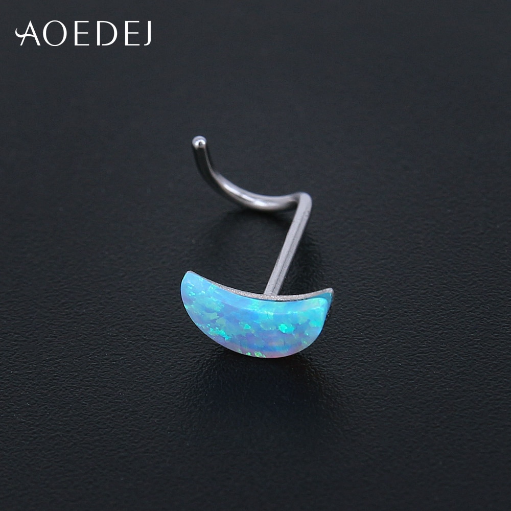 Piercing Nez - Pierre Opale Feuille Lune Bleue - Form L 20g - Bijou Corps Acier Inoxydable