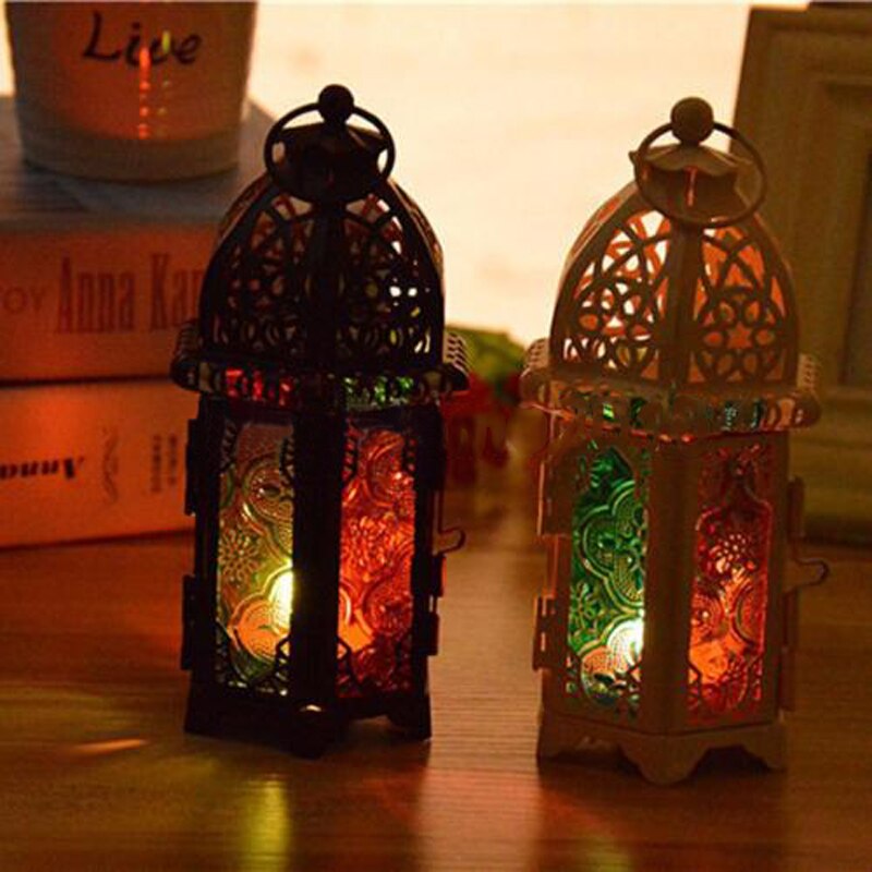 Negro/Blanco farol marroquí té luz vela titular caja colgante decoración