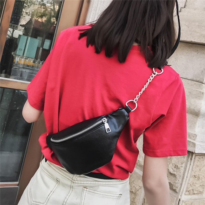 Nyeste stil menn kvinner pu midjevesker kjede svart solid fanny pack reisebelte veske skuldervesker tote midjeveske