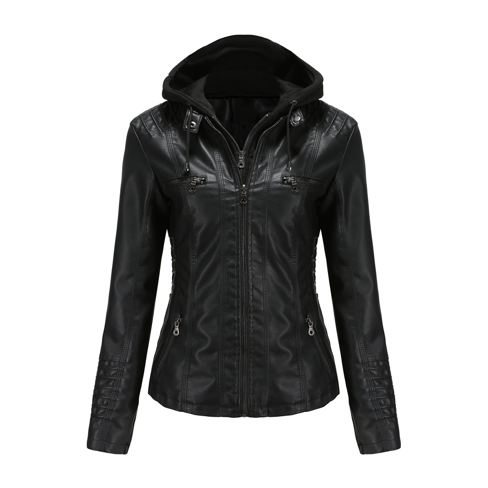 YJKDYK 2025 Lente Herfst vrouwen Lederen Jassen Capuchon Afneembare Rits Jas Vrouwelijke Zak Pure Kleur Motorjas: M / Black