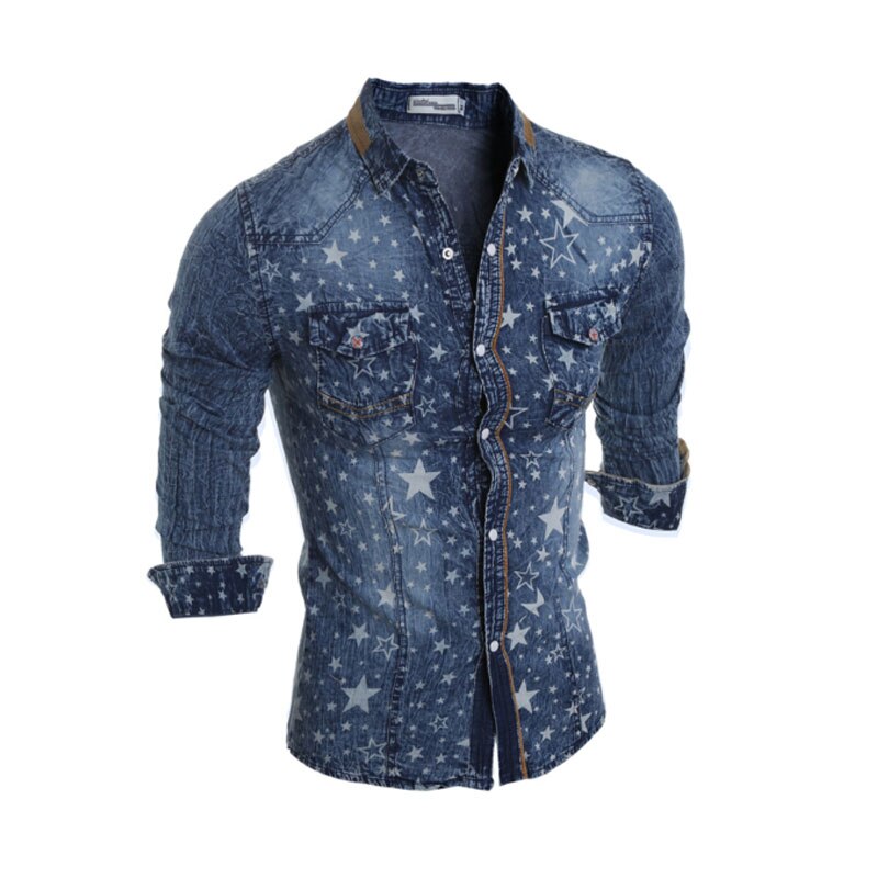 Cowboy miesten paita pitkähihainen miesten denim paita merkki denim paita tähtikuvio aasialainen koko sininen
