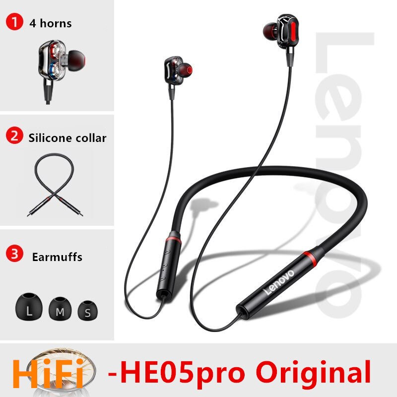 Lenovo Earphones Bluetooth Wireless Stereo Sports IPX5 Waterproof Sport Earbud Headset Noise Reduction Magnetic Runing Headset: he05blackpro