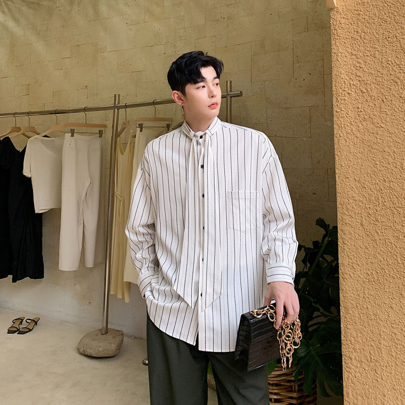 / herenkleding strik kraag gestreept overhemd lente zomer losse lange mouwen grote maten koreaanse tops casual tide 9 y 1721