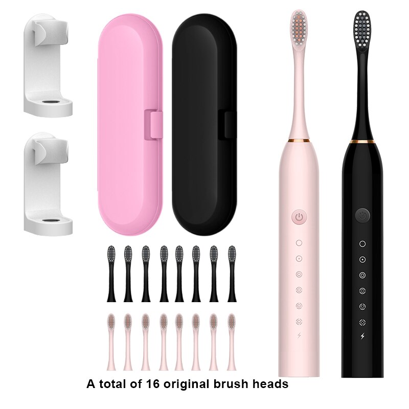 Sonic Electric Toothbrush Ultrasonic Automatic USB Rechargeable IPX7 Waterproof Whitening Teeth Tooth Brush Head Holder Adult: black pink 8head set