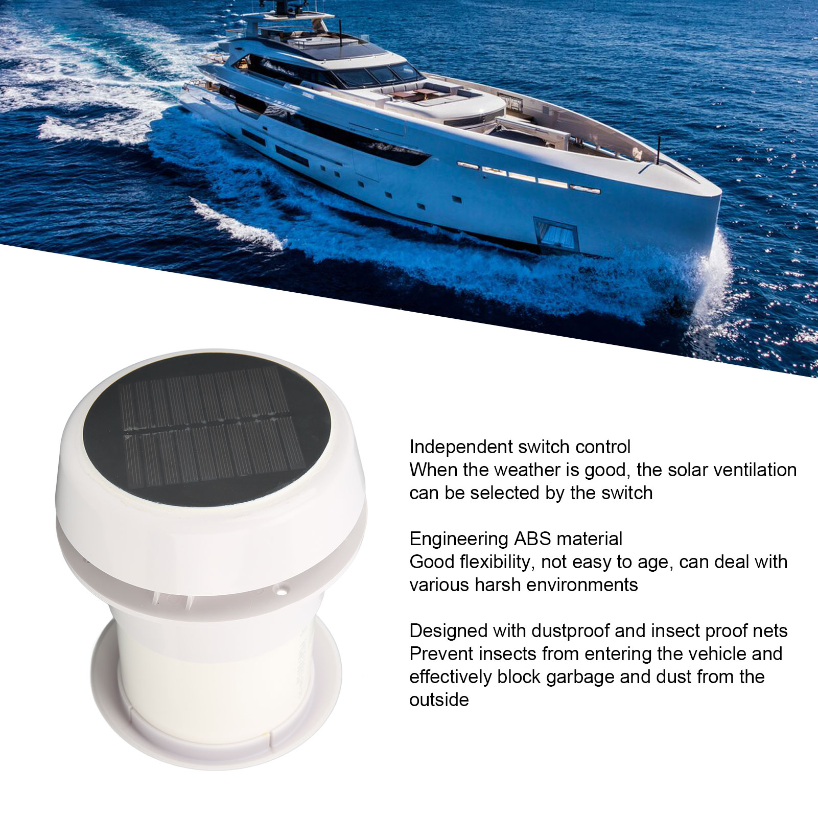 Solar Powered telhado exaustor, silencioso, ventilação para campistas, navios, barcos, RV, DC12V