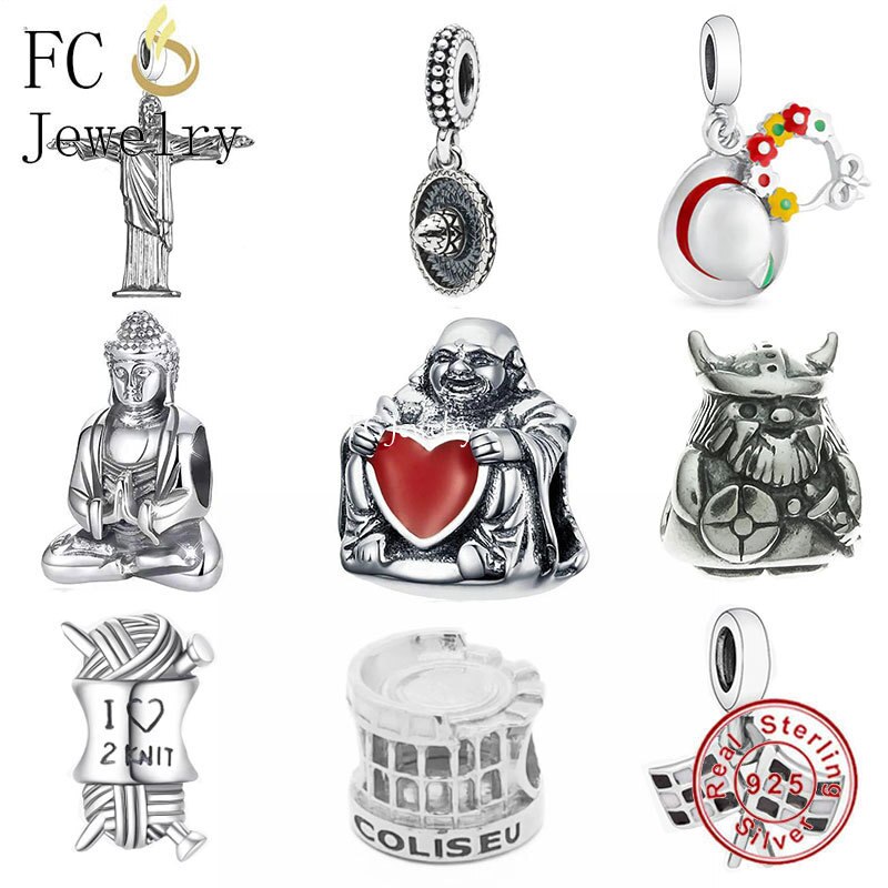 Fc jóias caber pulseira charme original 925 coleção mundial de prata jesus buda méxico chapéu grânulo para fazer feminino viagem berloque