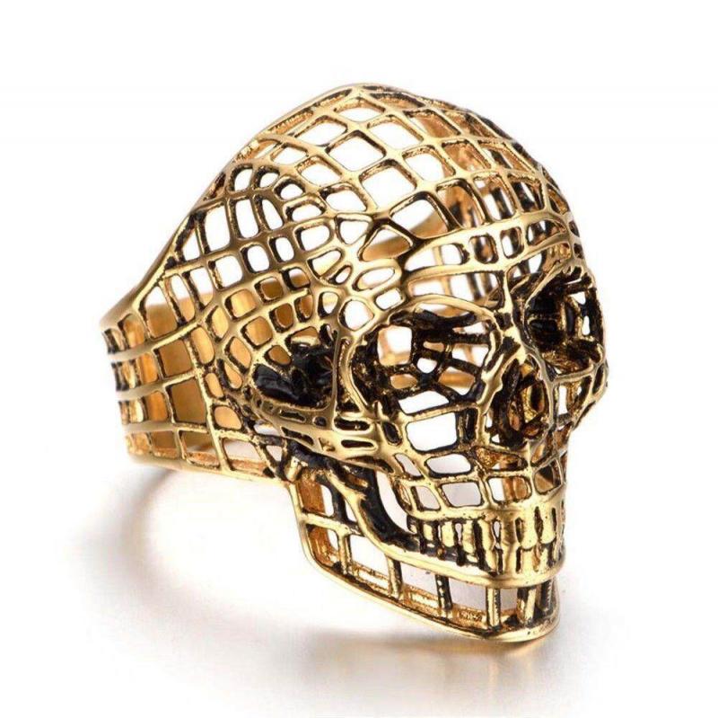 Gold Silver Color Big Skull Ring for Men Biker Ring Punk Hollow Mesh Jewelry