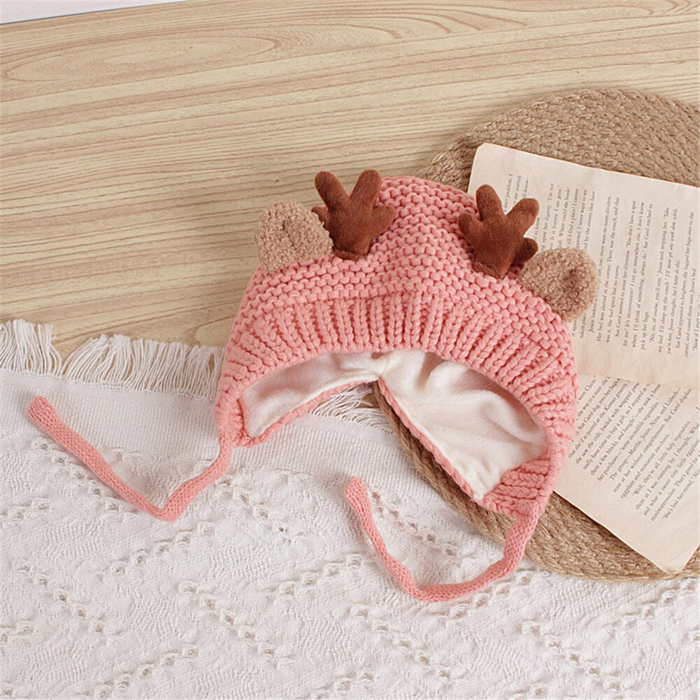 Pudcoco Kids Knitted Hat Cartoon Deer Horn Woolen Cap Earmuffs Hat Kids Accessories Red/Yellow/Green/Coffee/Pink: Pink