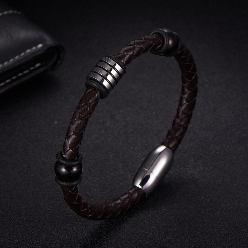 NAIQUBE Men Leather Bracelet Stainless Steel Classic Trendy Wrap Bracelets Bangles For Men Jewelry