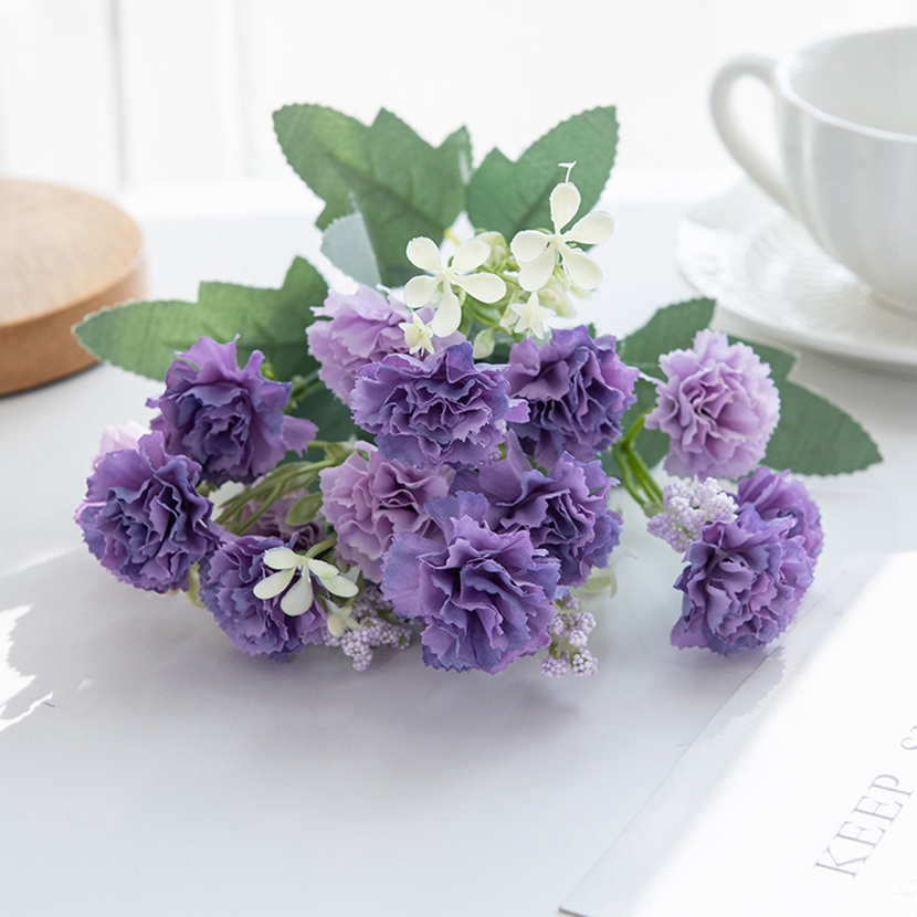 15 cabezas, flores artificiales, Clavel pequeño para Navidad, corona de costura para el hogar, artesanía, decoración de arco de boda, flor artificial: Morado