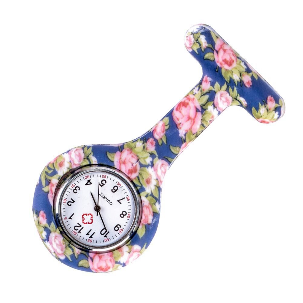 Blauw roze Pioen patroon Siliconen Verpleegkundigen Broche Tunic Fob Zakhorloge Roestvrij Wijzerplaat