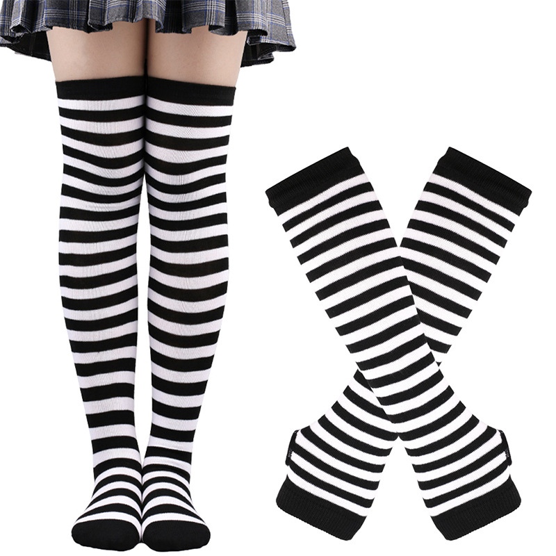 1 Set Women Gothic Punk Over Knee Long Stripe Socks Arm Sleeve Gloves for Girl Thigh High Cotton Socks Sweet Cute Christmas: WHITE