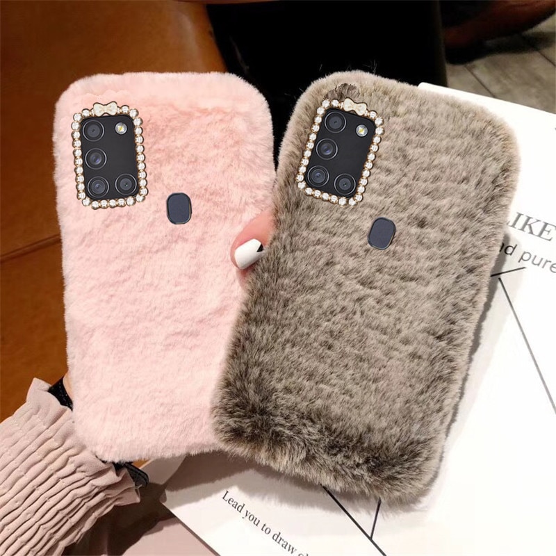 Voor Samsung A21S Case Houden Warme Pluche Konijnenbont Shiny Diamond Silicone Cover Voor Samsung A21S Een 21S a217 Telefoon Gevallen Cover