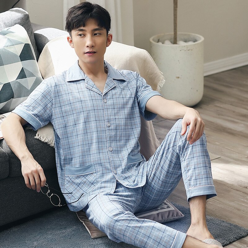 Pijamas de verano para hombre de manga corta con botones, conjunto de Pijamas de algodón para hombre, Conjunto de pijama a cuadros, Conjunto de pijama , trajes de pijama para hombres