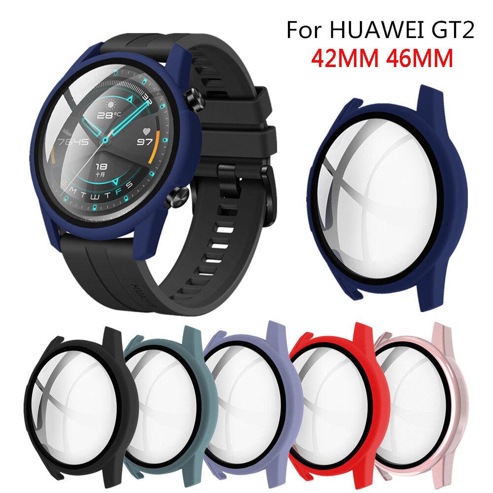 Meerkleurige spuitgegoten horlogekast voor huawei  gt 2 42mm harde pc met gehard glazen deksel 46mm volledige beschermende bumper