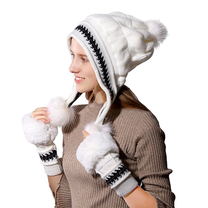 Kvinders vinterhue kvindelig tilføj pelsfor strikket hat med handsker sæt pompoms bold beanie cap piger tyk varm beanie hat