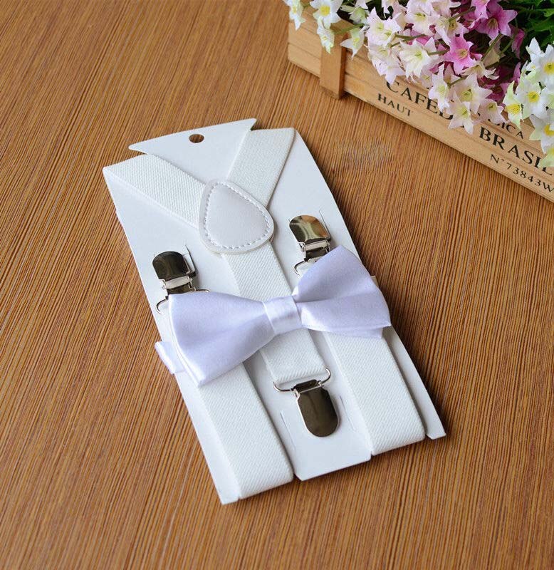 tout enfant en bas âge enfant bébé garçon fille réglable Clip-on bretelles jarretelle et noeud papillon correspondant ensemble smoking costume de mariage fête: WHITE