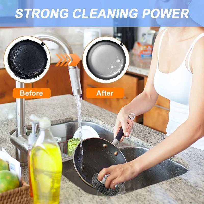 Stainless Steel Kitchen Pot Brush with Handles Dishwashing Wire Ball Heavy Duty Metal Scrubber Household Pot Pan Cleaning Tools