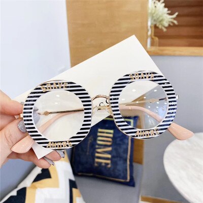Nuevas gafas redondas transparentes Galsses para mujer, montura de Metal a la para estudiantes, gafas ópticas con letras de personalidad a rayas, gafas informales de gran tamaño: Black White