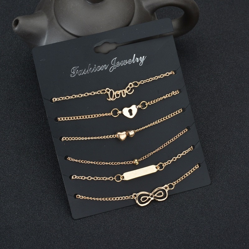 Bohème 6 pièces/lot ensembles de cheville pour femmes Bracelet de cheville sur la jambe or coeur amour barre infini pied chaîne cheville plage bijoux