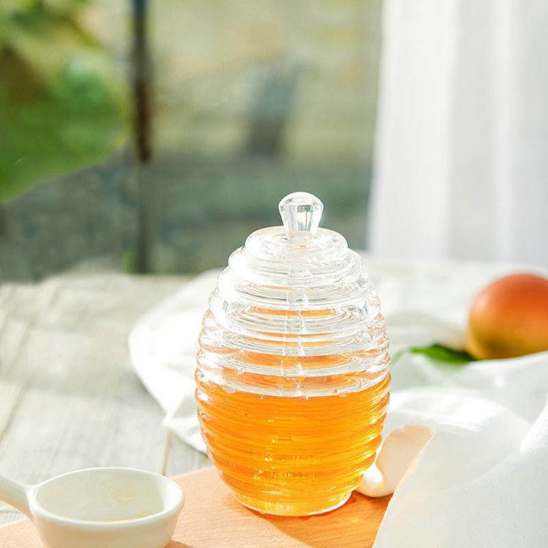 265ml gennemsigtig bikubeformet honningkrukke med dryppestok til opbevaring og udlevering af honningkrukke i køkkenholder