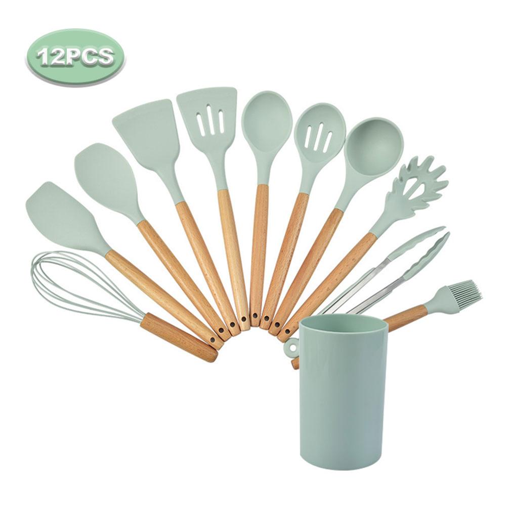 12 Pieces of Silica Gel Kitchenware Set, Non Stick Pot, Cooking Tool, Wooden Handle, Shovel Spoon Set, Kitchen Utensils, Cooking