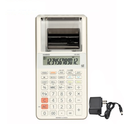 Printing Calculator Hr-8rc Battery And Dc Dual-purpose Desktop Leather Dual Power 12-digit Arithmetic Scientific Calculator: white With plug