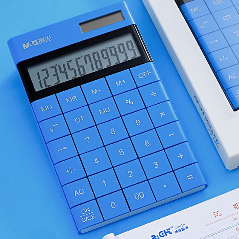 Calculadora de tableta portátil Solar para estudiantes con botones grandes de oficina, Color caramelo lindo, multifuncional grande de 12 dígitos: Azul