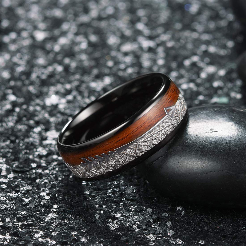8Mm Binnenwand Zwart Roestvrij Stalen Ring Meteoriet Hout Ingelegd Pijl Engagement Ring Wedding Ring Voor Hem