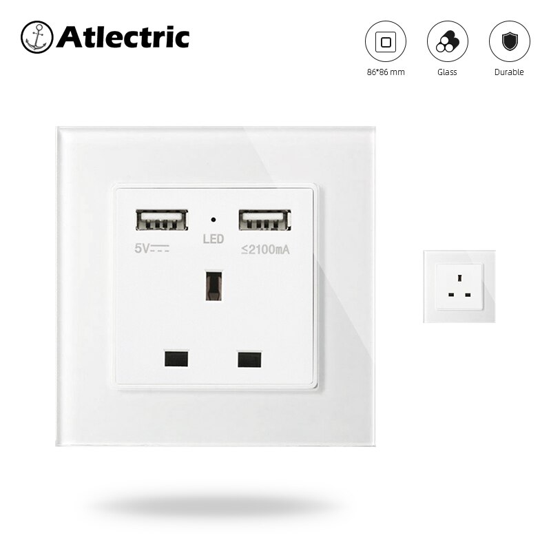 Atlectric UK Standard Wall Socket Tempered Glass Panel Power Outlet Dual Usb Socket 86mm*86mm Mobile Adapter 13A