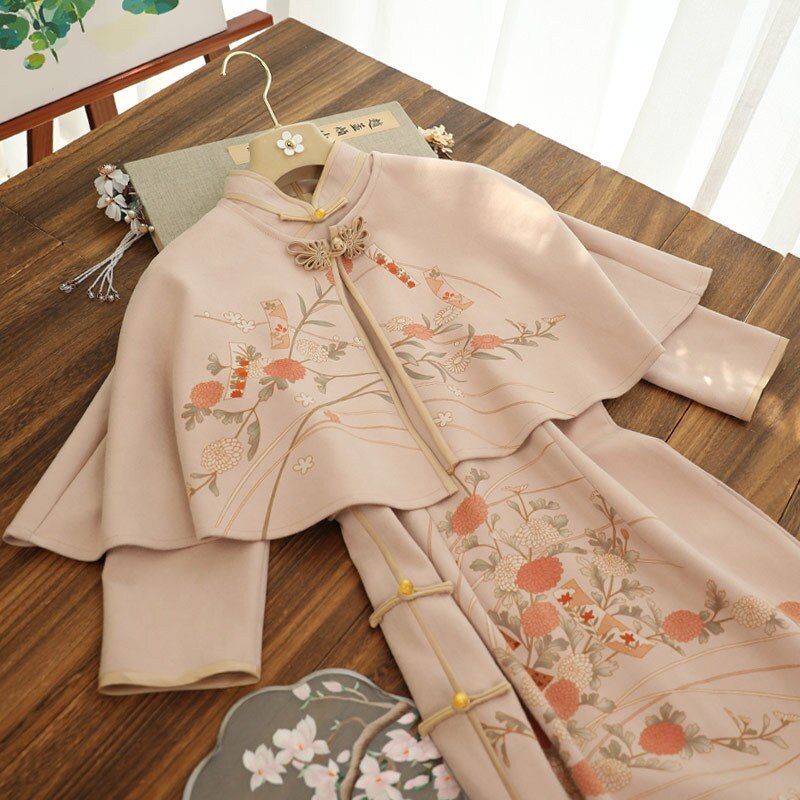 Slim Qipao +shawl Two-piece Chinese Dress Women Hanfu Traditional Robe Orientale Female Vestido Chino Autumn Cheongsams