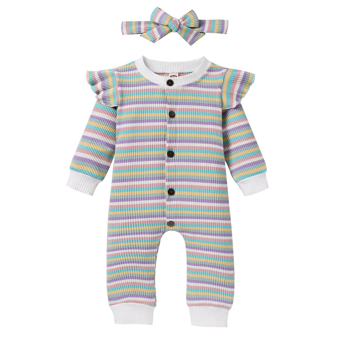 Newborn Baby Girl Boys Clothes Sets Autumn Colorful Striped Long Sleeve Ruffle Romper + Headband 2Pcs Clothes Set 0-18M: 2 / 12M