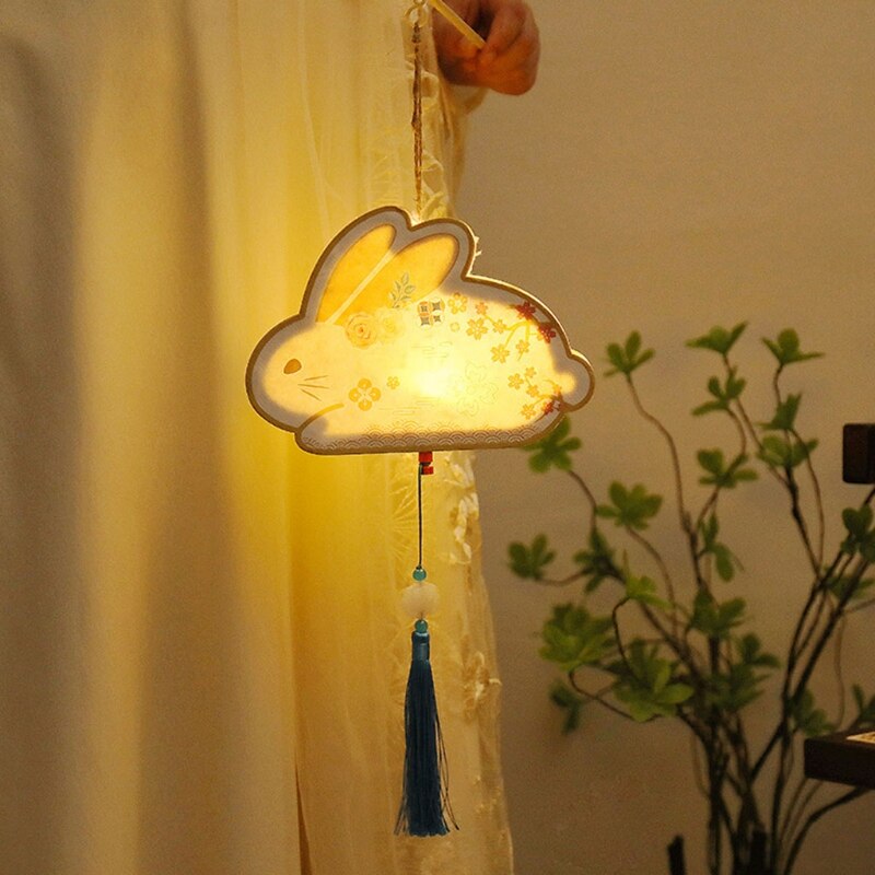Mid-Autumn Festival DIY Handmade Wooden Lantern Material Package with LED Light Cute Rabbit Shape Hanging Lamp Decor