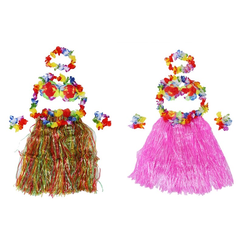 12x Hawaiian Grass Skirt Flower Hula Lei Wristband Garland Fancy Dress Costume: Default Title