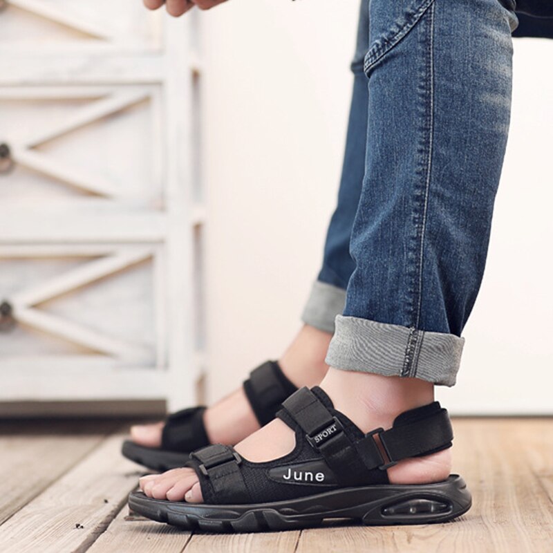 Men Sandals Mesh Breathable Velcro Summer Flat Shoes Outdoor Non-slip Sports Sandals Simple Black Air Cushion Beach Man Shoes