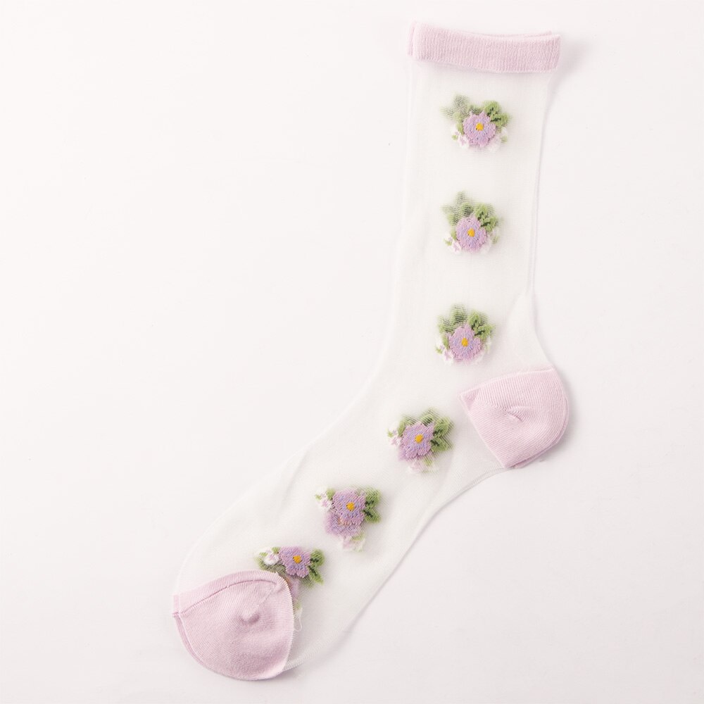 Ventilerande bomull sommar söt söt blomma strumpor nylon genomskinliga strumpor glas siden strumpor: Lila