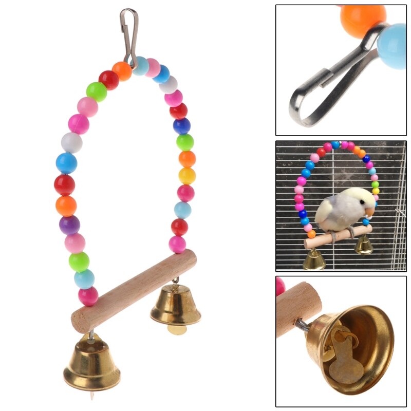 Natural Wooden Parrots Swing Toy Birds Perch Hanging Swings Cage With Colorful Beads Bells Toys Bird Supplies